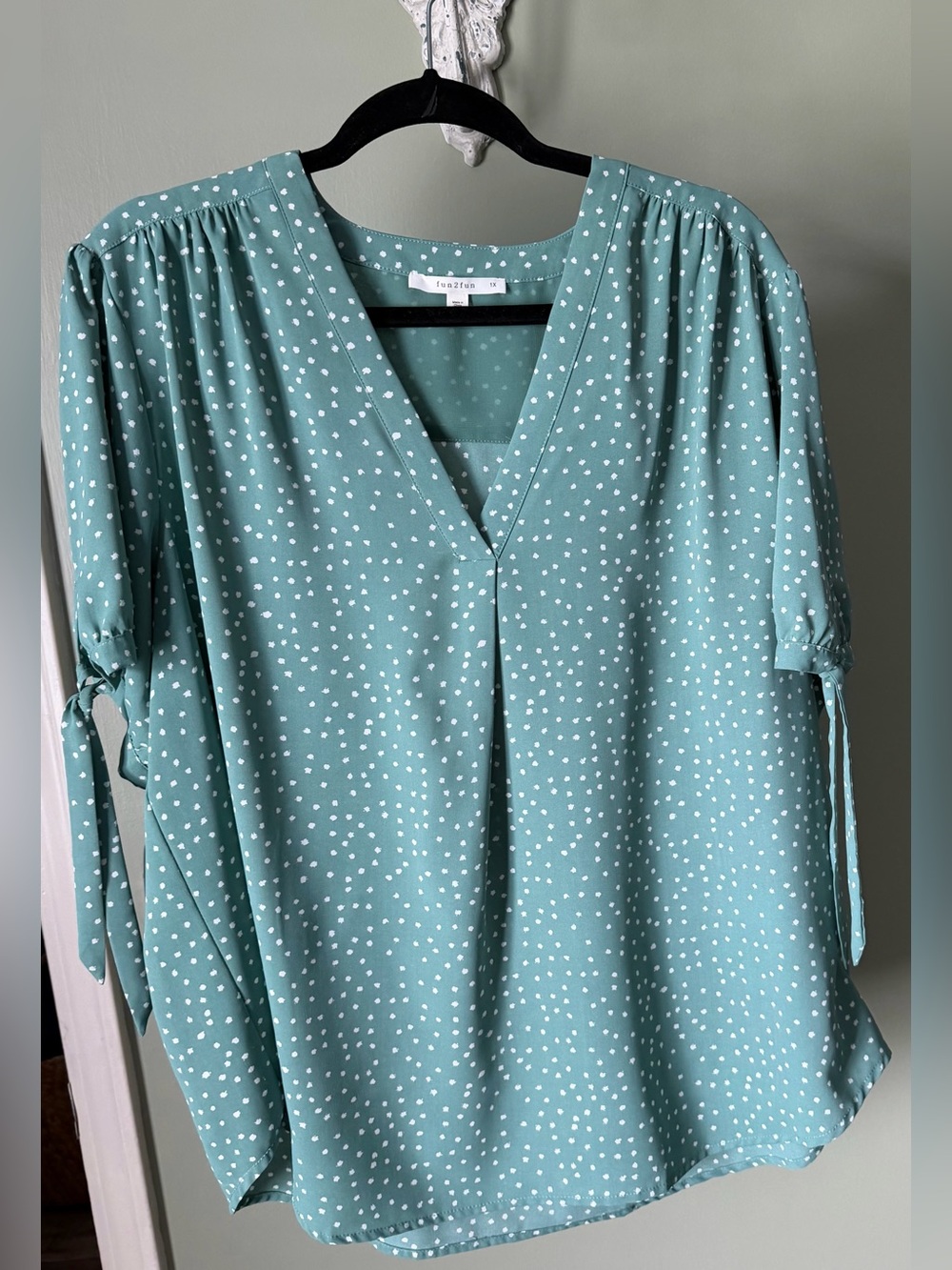 Fun 2 fun Seafoam Green Polka Dot V-Neck Tie-Sleeve Blouse